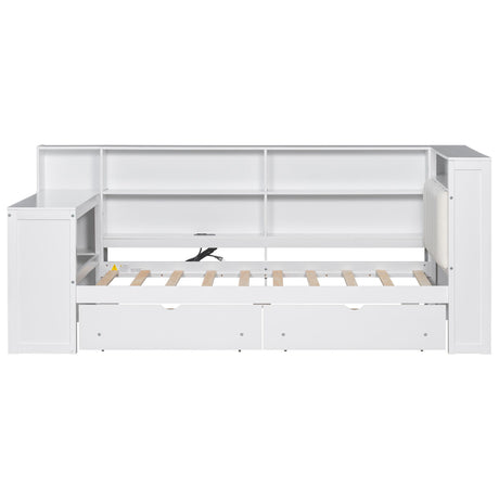 Platform Bed With Upholstered Headboard, Storage Shelves, Drawers, Charging Station, LED Lighting, Built In Desk