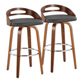 Cassis - Mid-Century Modern Fixed-Height Swivel Barstool (Set of 2) - Walnut Wood And Gray Faux Leather With Round Chrome Metal Footrest