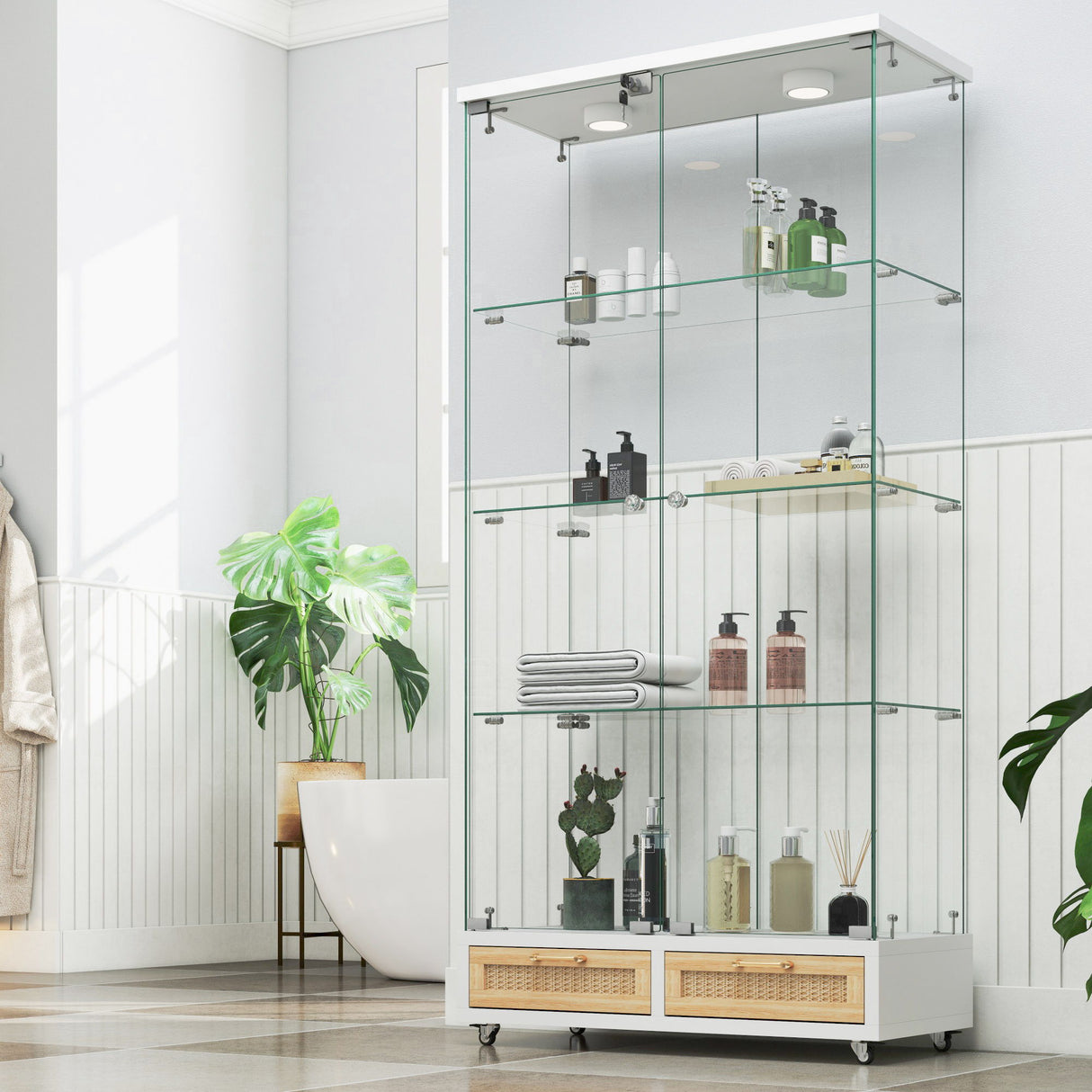 Glass Display Cabinet With LED Lights, Tempered Glass Doors, Large Drawers, 2 Door Storage Case With 4 Shelves - Natural / White