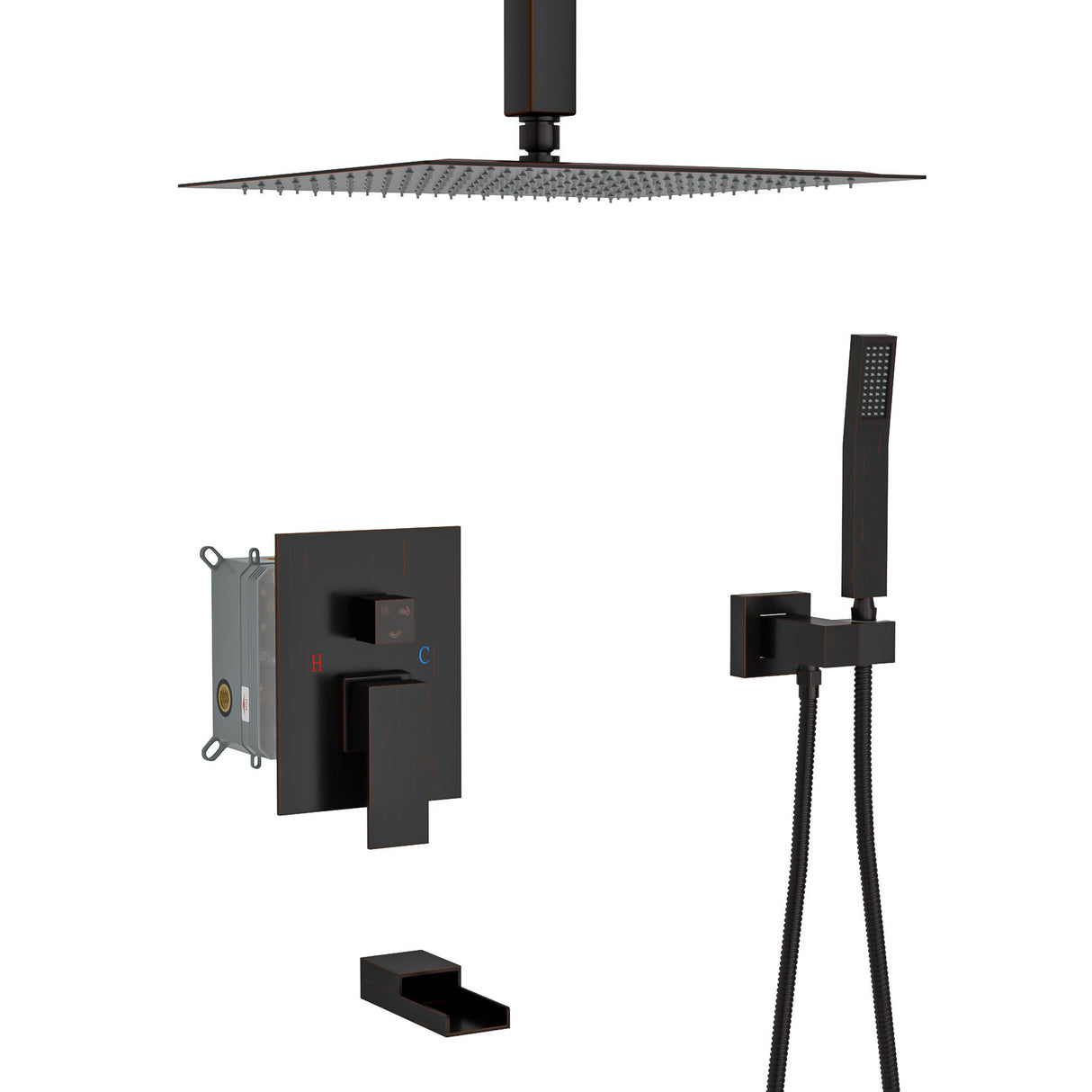 Shower System With Waterfall Tub Spout And 16" Ceiling Mount Square Rain Shower - Oil-Rubbed Bronze