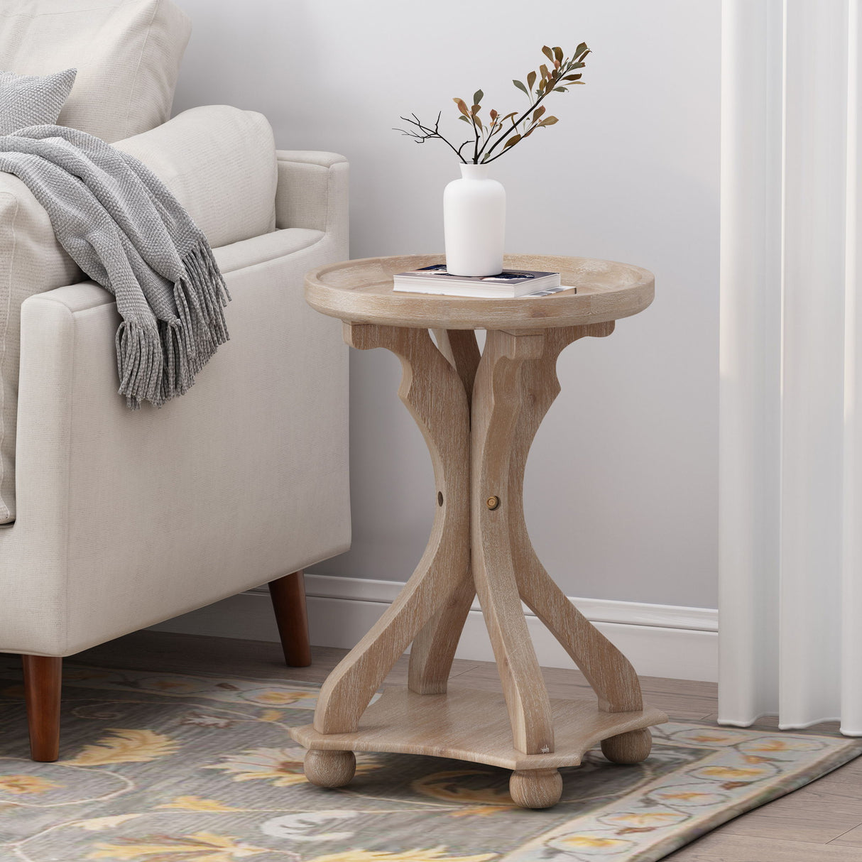 Rustic French Country Accent Table With Hourglass Firwood Base And Lipped Top