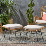 Outdoor Modern Boho Wicker Ottoman With Cushions (Set of 2)