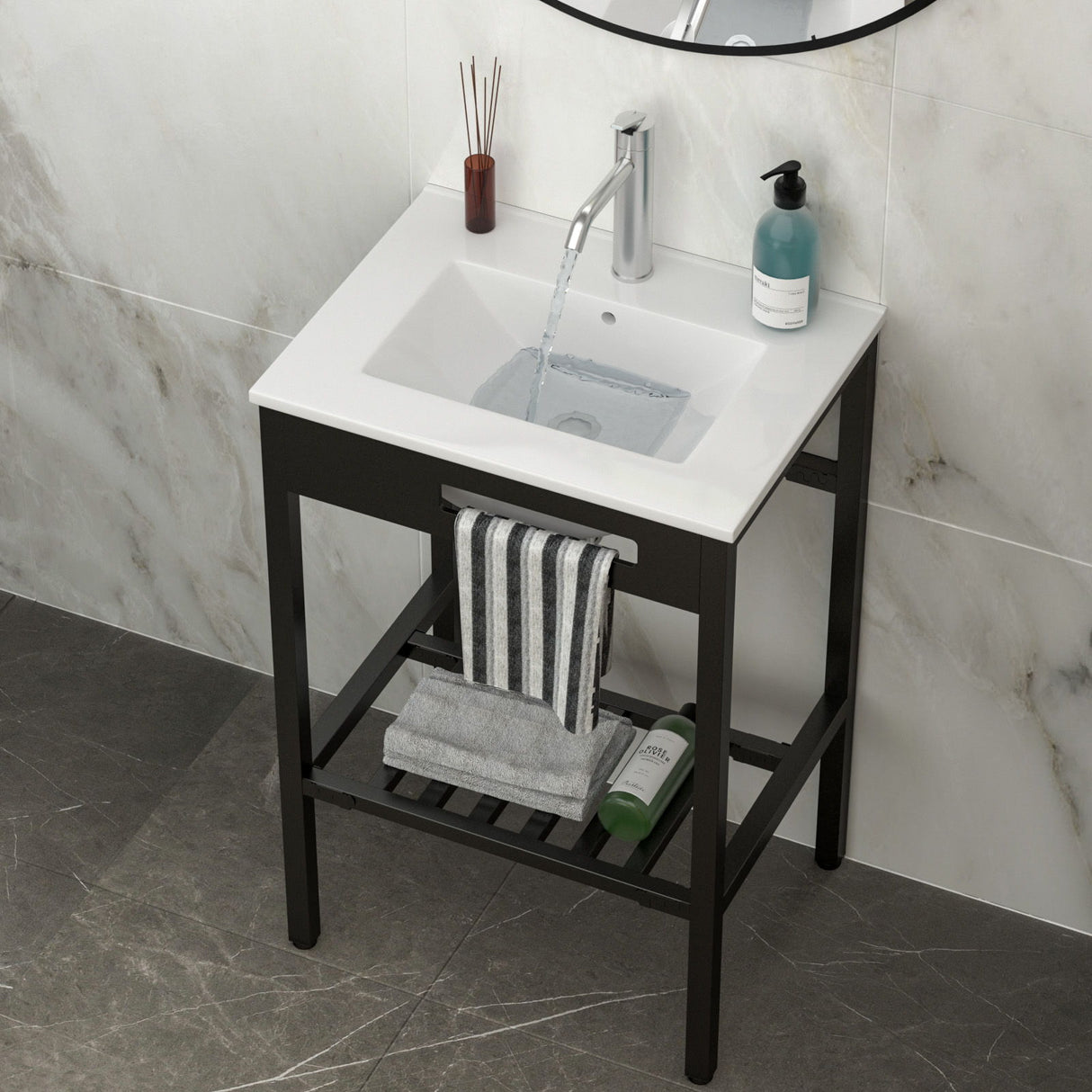 Console Sink With Legs, 24" X 18", Durable Porcela With Frame - White / Black