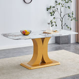 Modern Minimalist Dining Table With Imitation Marbled Glass Top And Legs For Kitchen And Living Room - Gold