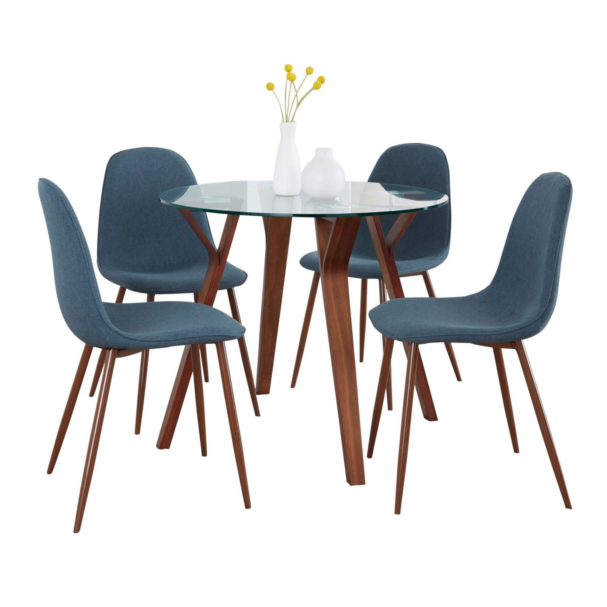 Folia - Round Pebble Mid-Century Modern 5 Piece Dining Room Set - Walnut Wood, Round Clear Tempered Glass, Walnut Metal / Blue Fabric