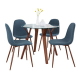 Folia - Round Pebble Mid-Century Modern 5 Piece Dining Room Set - Walnut Wood, Round Clear Tempered Glass, Walnut Metal / Blue Fabric