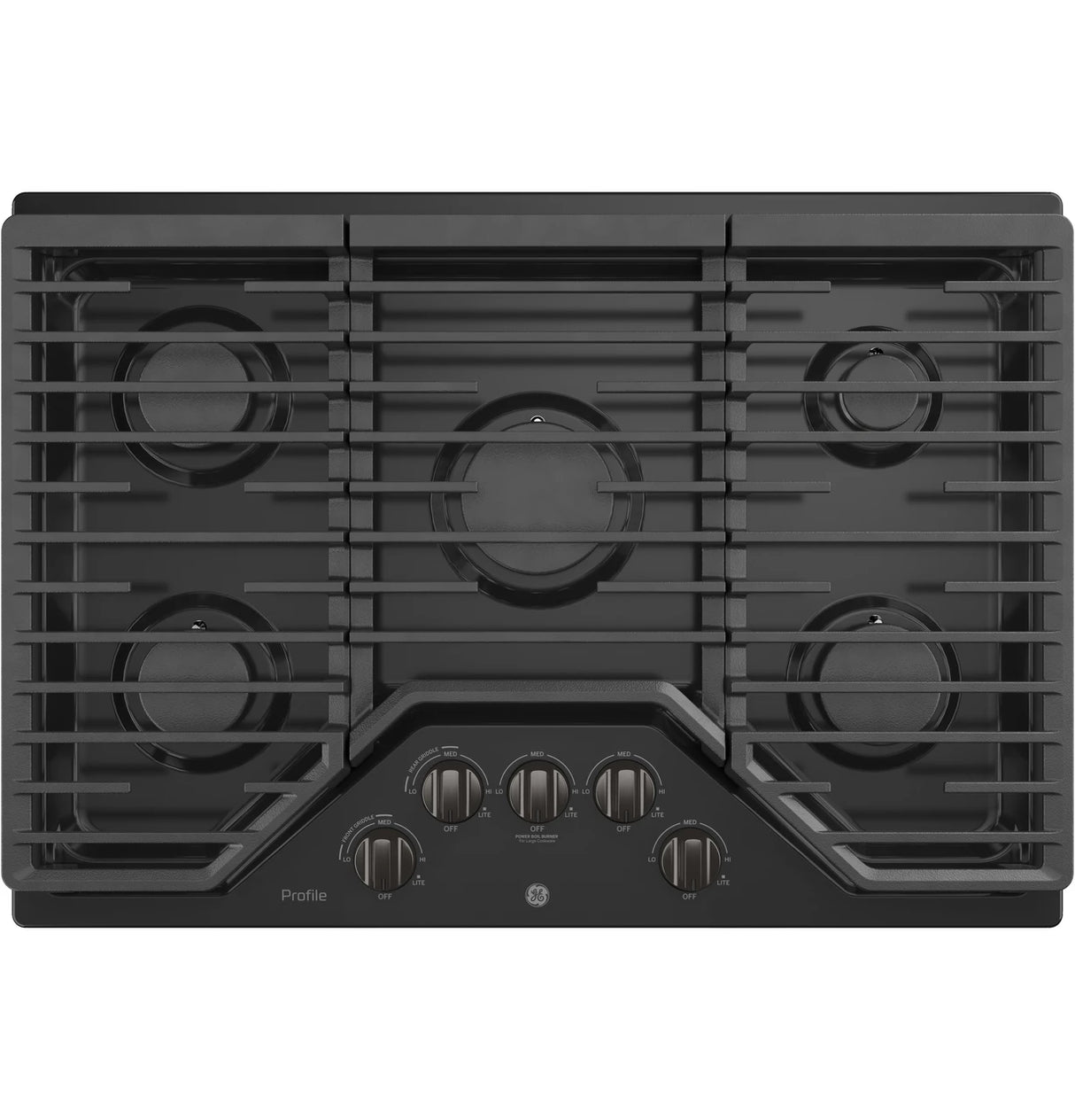 GE Profile PGP7030BMTS 30 inch built-in gas cooktop in black stainless steel top view