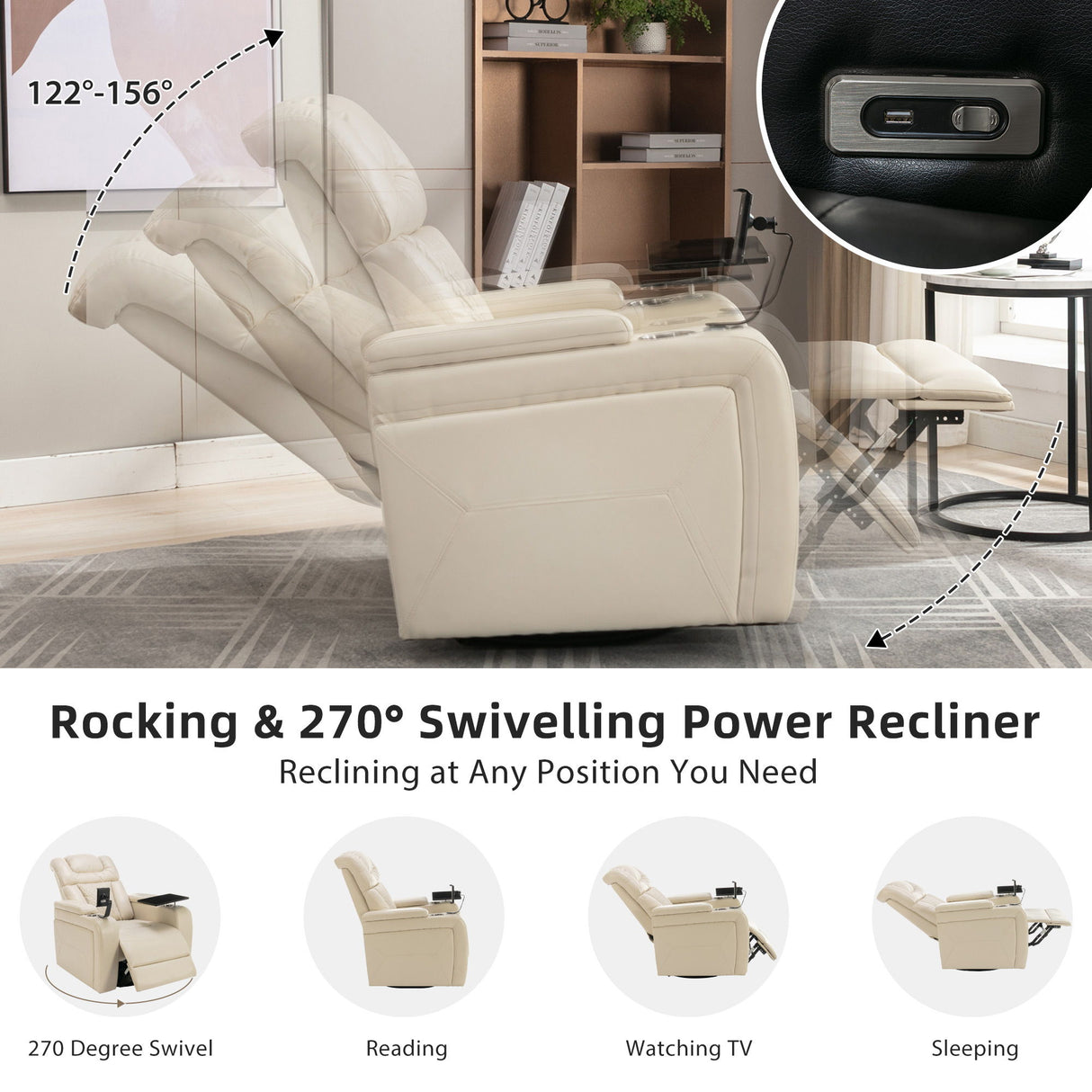 270 Degree Swivel Power Recliner With Tray Table, Phone Holder, Cup Holder, USB Port