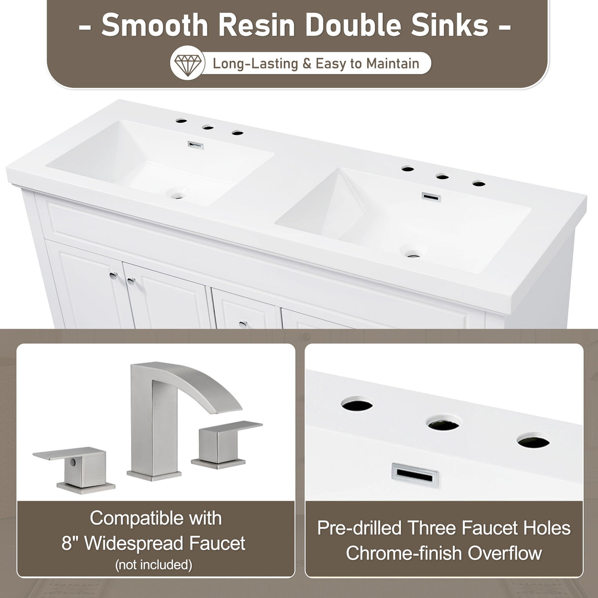 Vanity Top With Undermount Rectangular Double Sinks, Faucet Holes - White