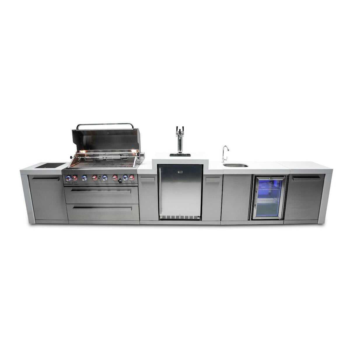 Mont Alpi Deluxe Series 15 Ft Propane Outdoor Kitchen Island w/ Side Burner, Beverage Center & Kegerator - MAi805-DKEGBEV