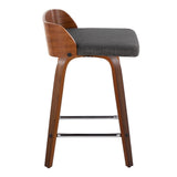 Maya - Mid-Century Modern Fixed-Height Swivel Counter Stool (Set of 2) - Walnut Wood And Charcoal Fabric With Square Chrome Metal Footrest