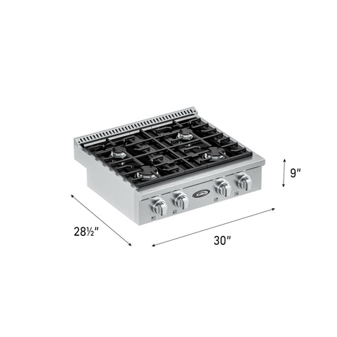 30 in Gas Range-Top with 4 Sealed Italian Burners and Stainless-Steel Stovetop Knobs.