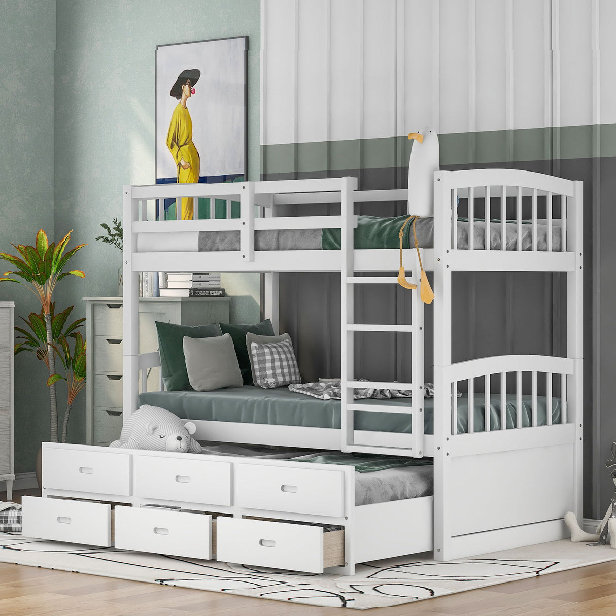 Bunk Bed With Trundle And Drawers, Arched Headboard And Footboard
