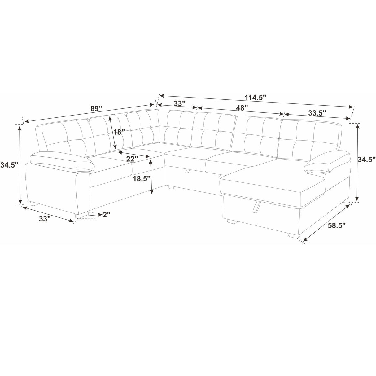 U Shape Sectional Sleeper Sofa With Pull Out Bed And Storage Chaise - Black