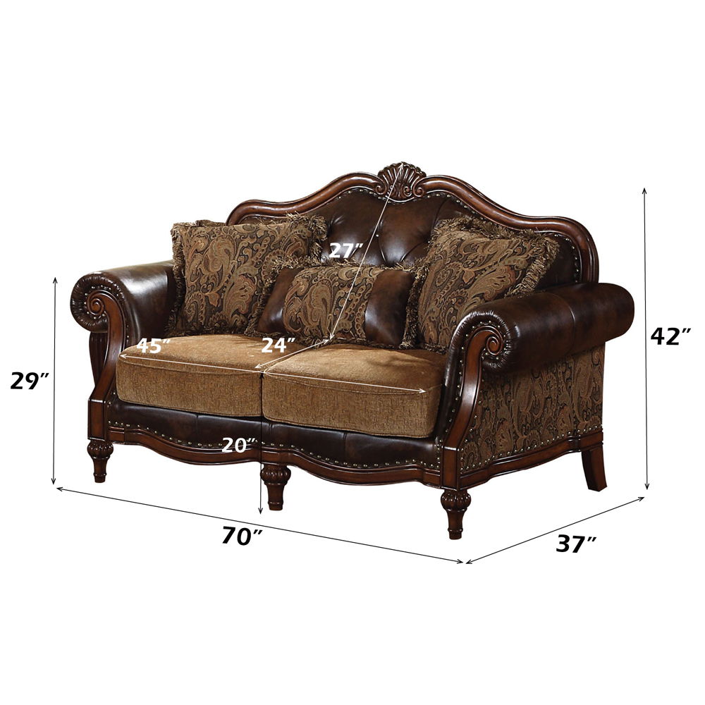 Dreena - Loveseat With 3 Pillows - Two Tone Brown Synthetic Leather & Chenille Cherry