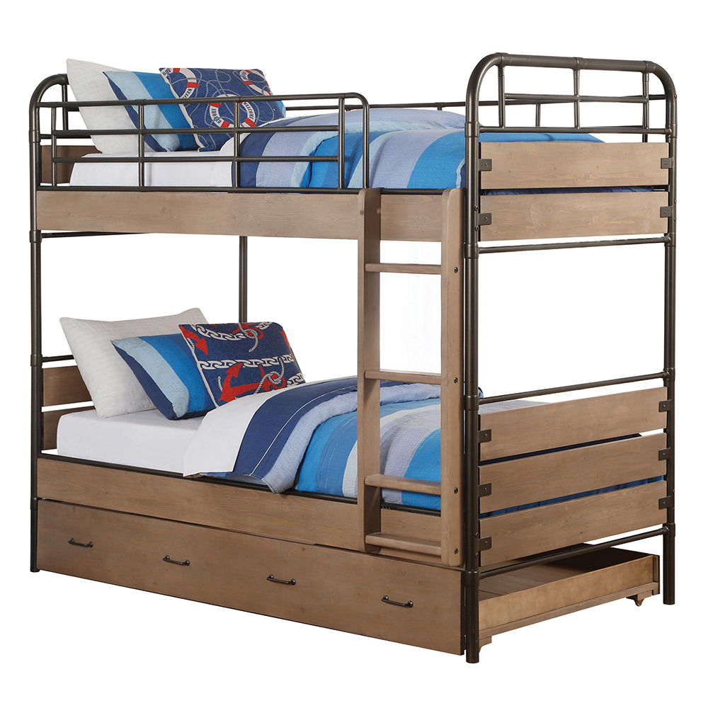 Adams - Twin Over Twin Bunk Bed With Trundle - Antique Oak & Gunmetal
