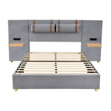 Upholstered Platform Bed, 2 Outlets And USB Charging Ports On Both Sides, 2 Bedside Pillows, Storage Shelves