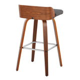 Maya - Mid-Century Modern Fixed-Height Swivel Barstool (Set of 2) - Walnut Wood And Charcoal Fabric With Square Chrome Metal Footrest
