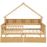 House Style Platform Bed With LED Lights, Storage Shelves, Drawers, And Guardrail