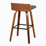 Maya - Mid-Century Modern Fixed-Height Swivel Barstool (Set of 2) - Walnut Wood And Charcoal Fabric With Square Black Metal Footrest