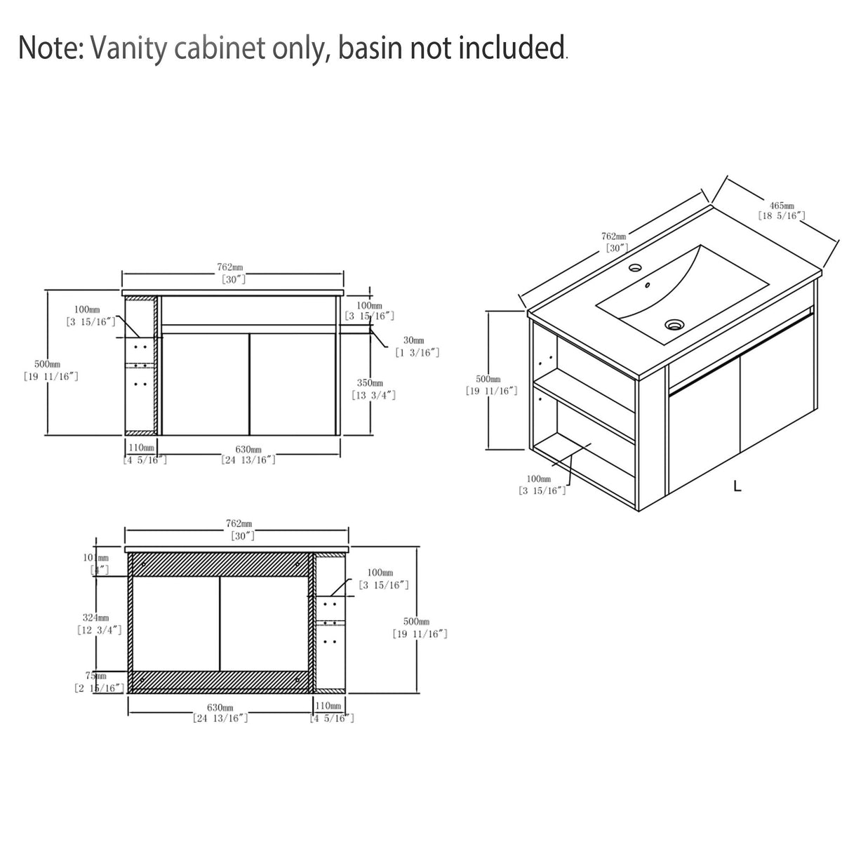 Floating Bathroom Vanity Cabinet, Soft Close Double Drawers, Open Side Storage, Wall Mounted, Cabinet Only