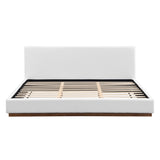 Elegant Boucle Upholstered Bed With Wood Grain Textured Solid Wood Base Frame