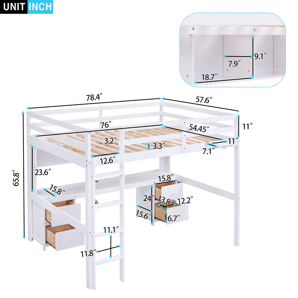 Loft Bed With Desk, Cabinets, Drawers, Charging Station And Bedside Tray