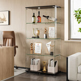 Modern Glass Display Cabinet With 4 Shelf Double Doors And Lock, Tempered Glass Bookshelf For Living Room - Black