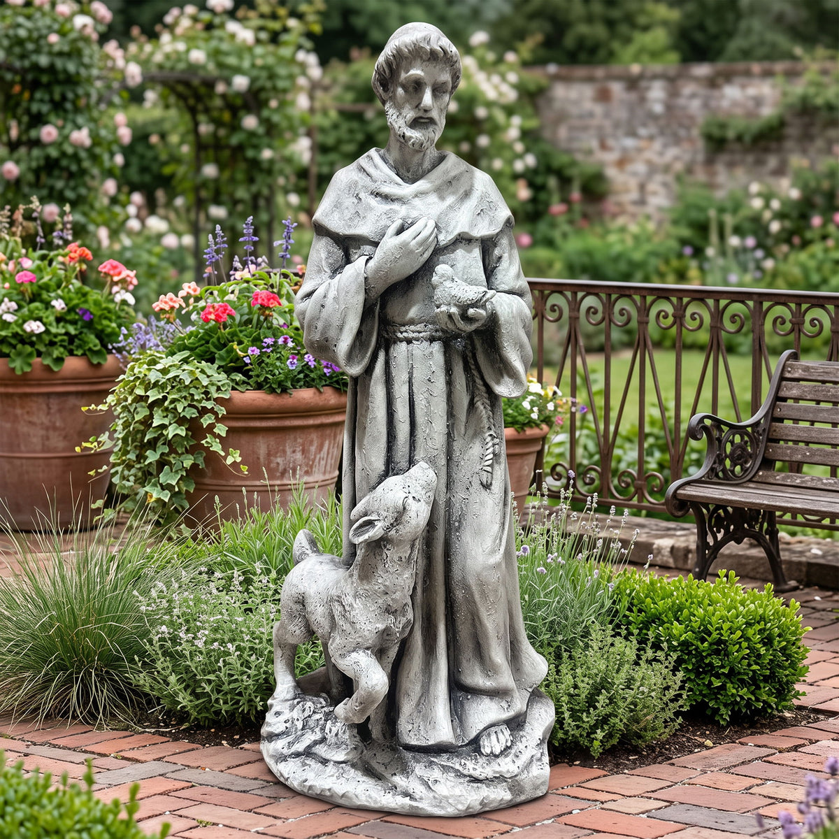 St. Francis Of Assisi Religious Garden Statue With Bird And Fawn For Patio And Lawn - Antique Gray