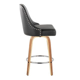 Marcel - 27" Fixed-Height Counter Stool With Swivel And Round Chrome Metal Footrest (Set of 2) - Zebra Wood And Black Faux Leather With Chrome Nailhead Trim