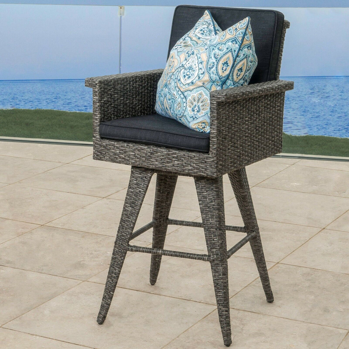 Outdoor Rattan Swivel Barstool With Water Resistant Cushion - Mixed Black / Dark Gray