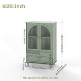 Mint Green Farmhouse Storage Cabinet, Arched Tempered Glass Door Buffet Sideboard With Tiered Top, 2‑Drawer Pantry Cabinet For Kitchen Dining Living Room Entryway Coffee Bar