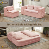 Multi Functional Sectional Sofa Bed With Independent Chaise Lounge And Functional Blanket, Convertible King Size Bed, Deep Seat - Baby Pink