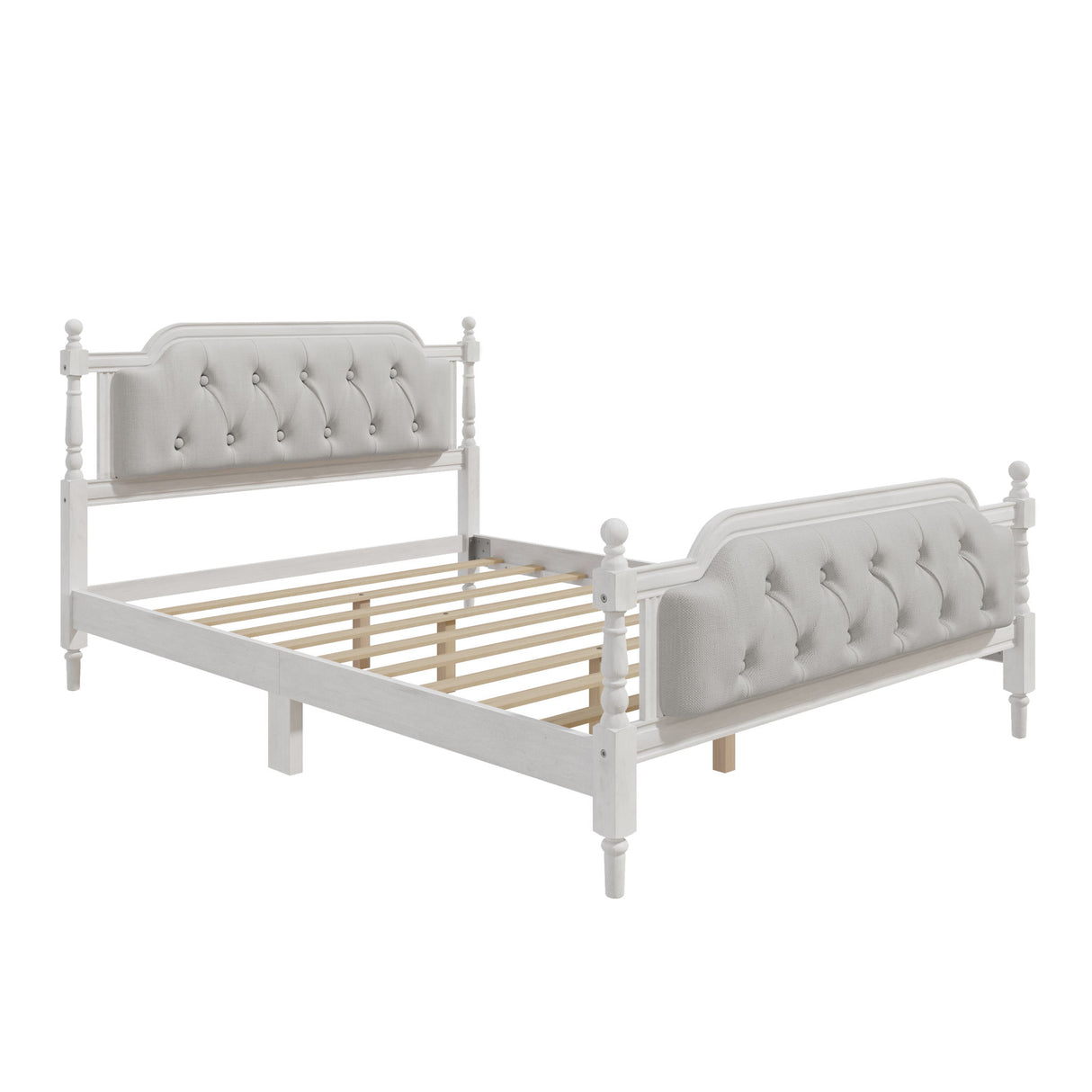 Traditional Style Solid Bed Frame With Upholstered Tufted Headboard, No Box Spring Needed