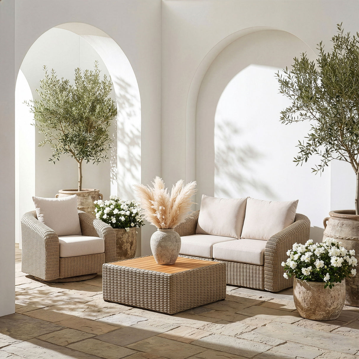 Seacrest - Olefin Water Resistant Fabric And Wicker 2 Piece Outdoor Patio Modular Loveseat