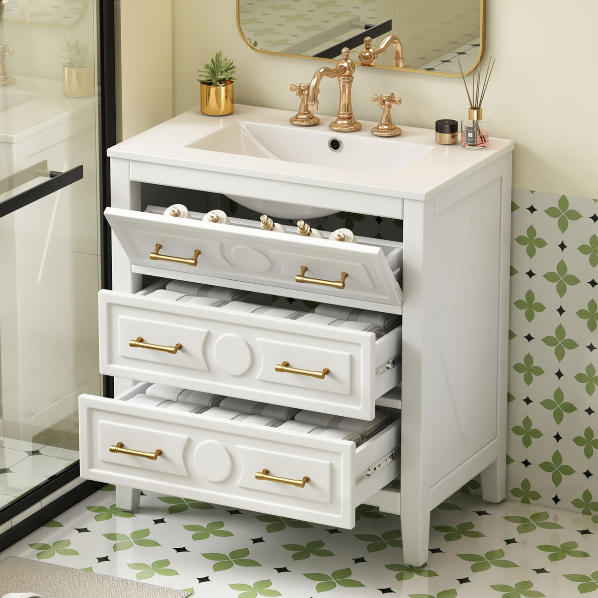 Retro Bathroom Vanity With Sink Combo, Free Standing Single Set With 3 Drawers
