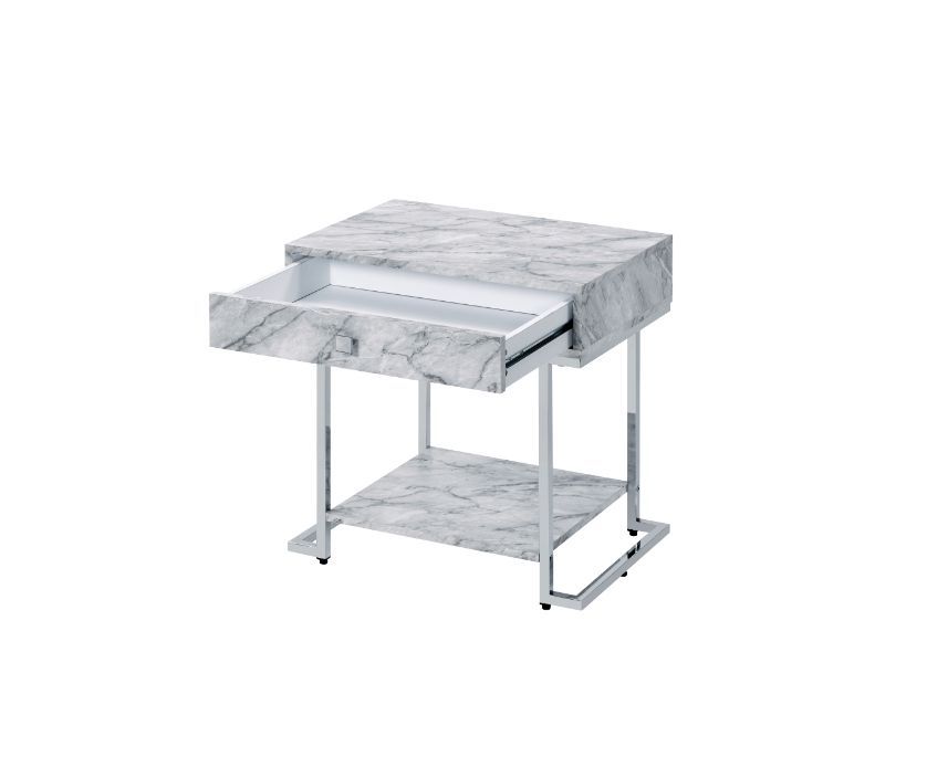 Wither - Accent Table - White Printed Faux Marble & Chrome