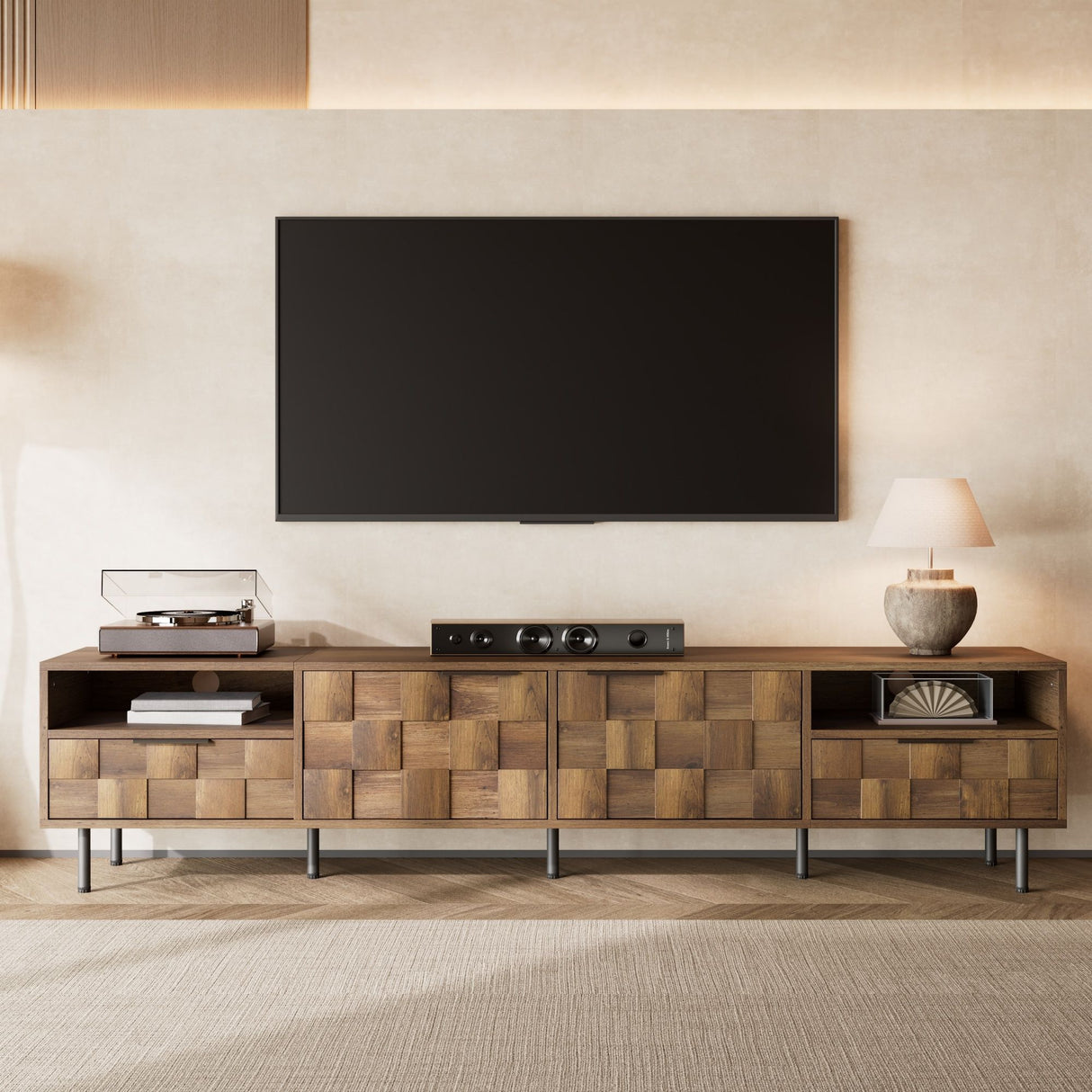 TV Stand With 2 Drawers, Media Console Table For TVs Up To 85'' - Natural