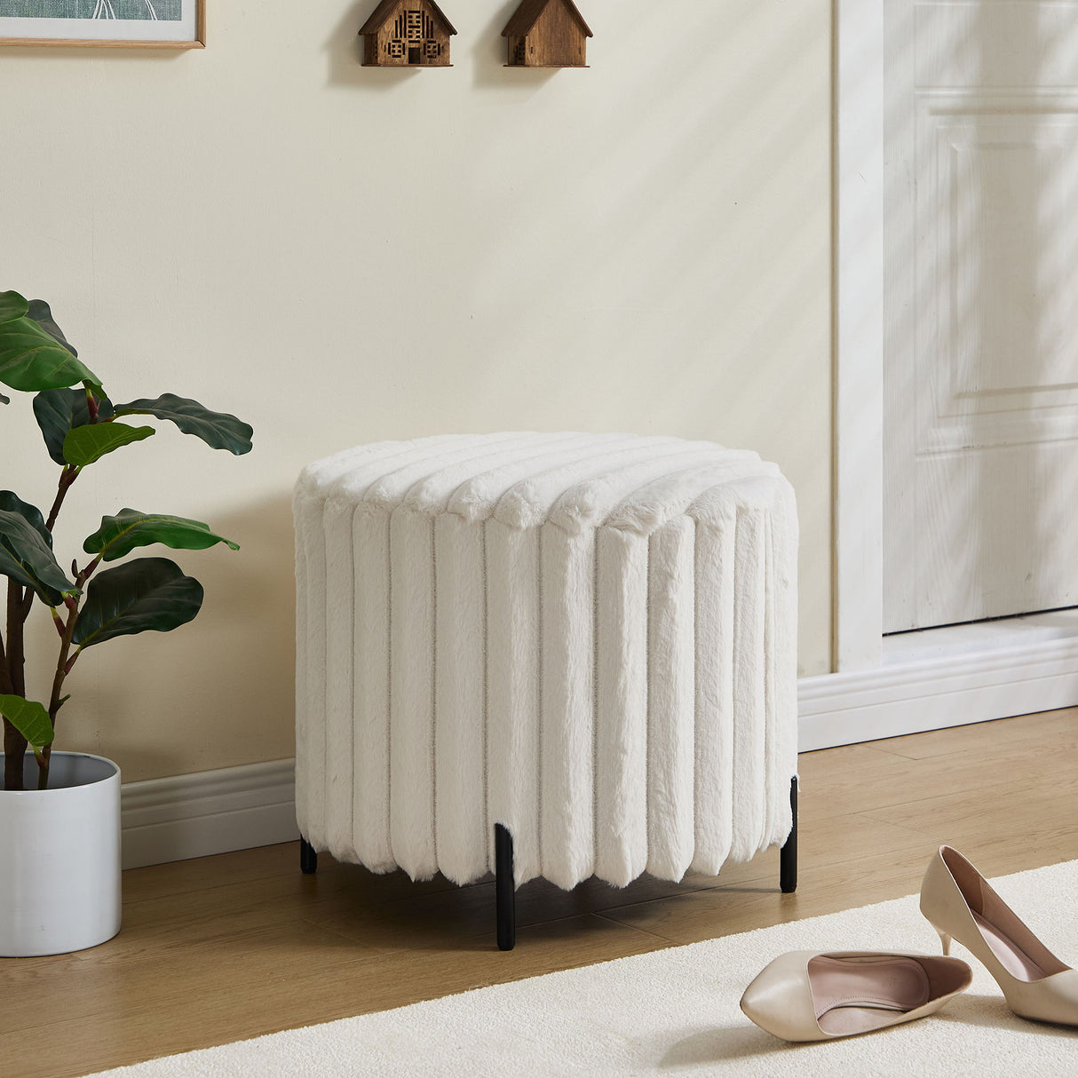 Wide Upholstered Round Pouf Ottoman Foot Rest