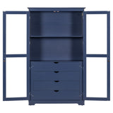 Kitchen Pantry, Freestanding Kitchen Storage Cabinet Display Cabinet With Glass Doors And 4 Built In Drawers For Living Room, Home Office - Blue