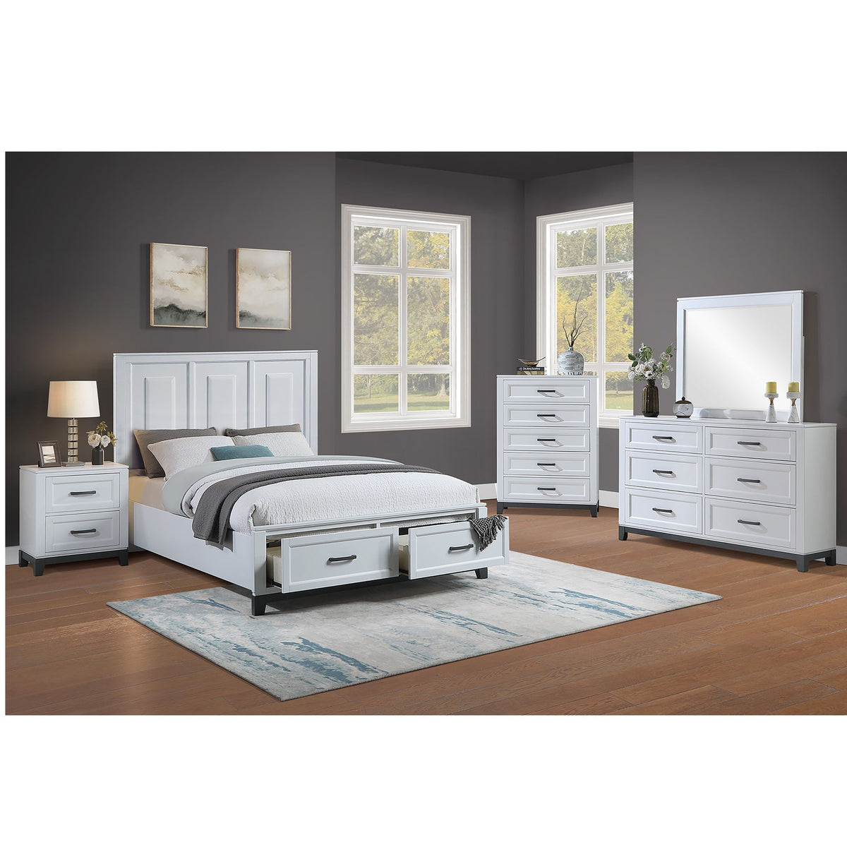 Bedside Table White And Gray 1 Piece Nightstand, 2-Drawers Storage Bedroom Furniture Transitional Style