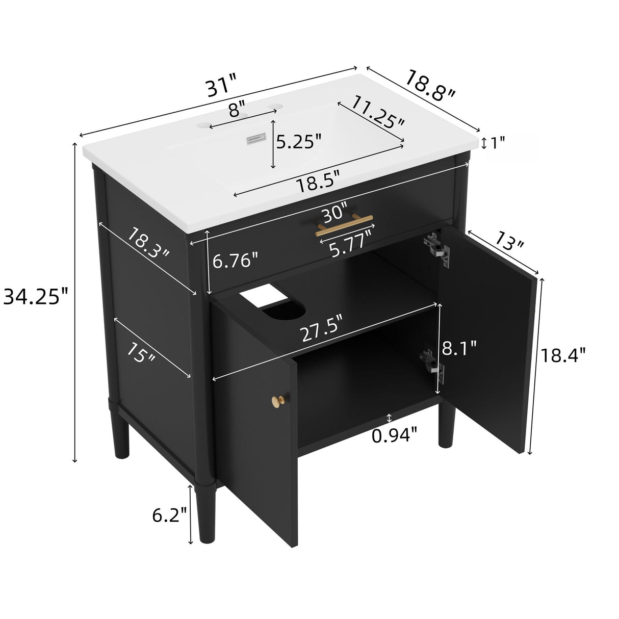 Bathroom Vanity With Sink, Soft Close Doors And Adjustable Shelf