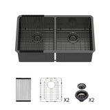 Double Bowl Undermount Kitchen Sink 16 Gauge 33" X 19" With Dual 10" Deep Basins - Gunmetal Black