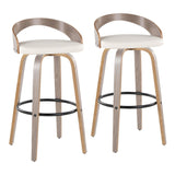 Grotto - Fixed-Height Barstool (Set of 2) - Light Gray Wood, Black Metal, White Faux Leather