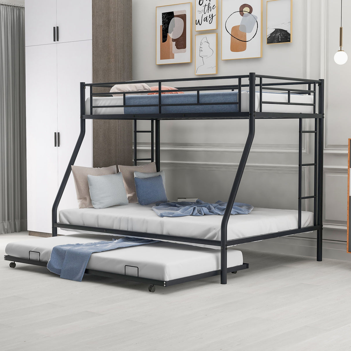 Bunk Bed With Steel Frame And Trundle, 2 Side Ladders