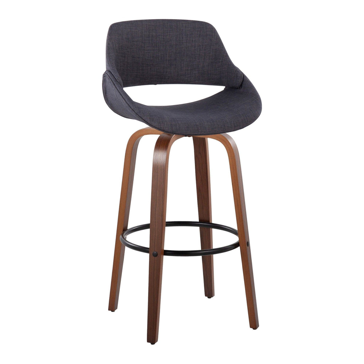 Fabrizzi - 30" Fixed-Height Barstool With Swivel And Round Black Metal Footrest (Set of 2) - Walnut Wood