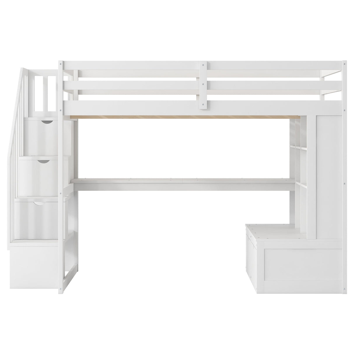 Full Size Loft Bed With Desk And Shelves, 2 Built In Drawers, Storage Staircase - White