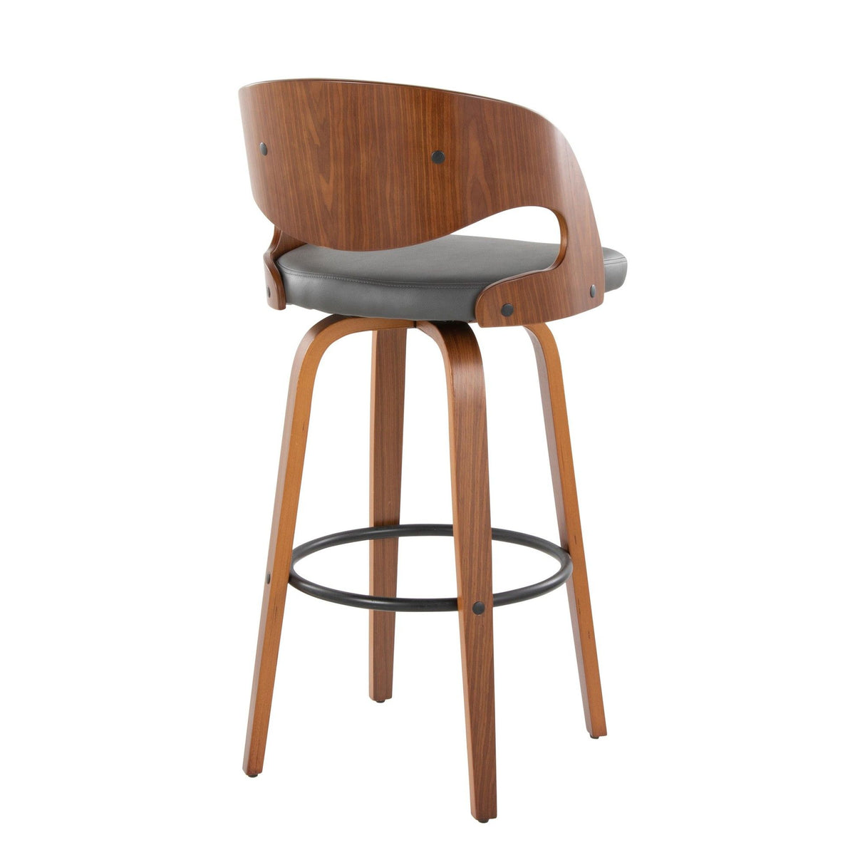 Pino - Mid-Century Modern Fixed-Height Swivel Barstool (Set of 2) - Walnut Wood And Gray Faux Leather With Round Black Metal Footrest