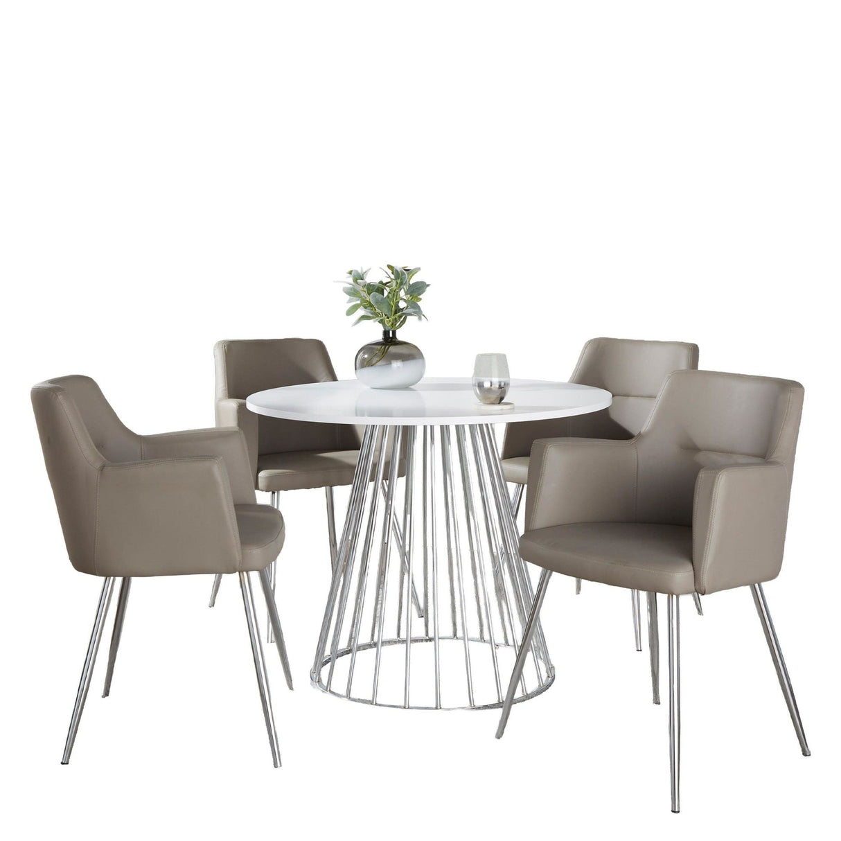 Canary-Andrew - 5 Piece Dining Room Set - Silver Metal, White MDF, Chrome Metal, Gray Faux Leather