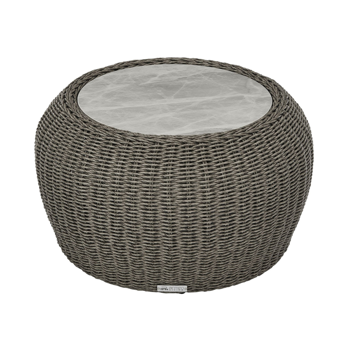 Amira - Outdoor Round Sintered Stone Side Table With Woven Rattan Body And Aluminum Frame - Deep Bronze